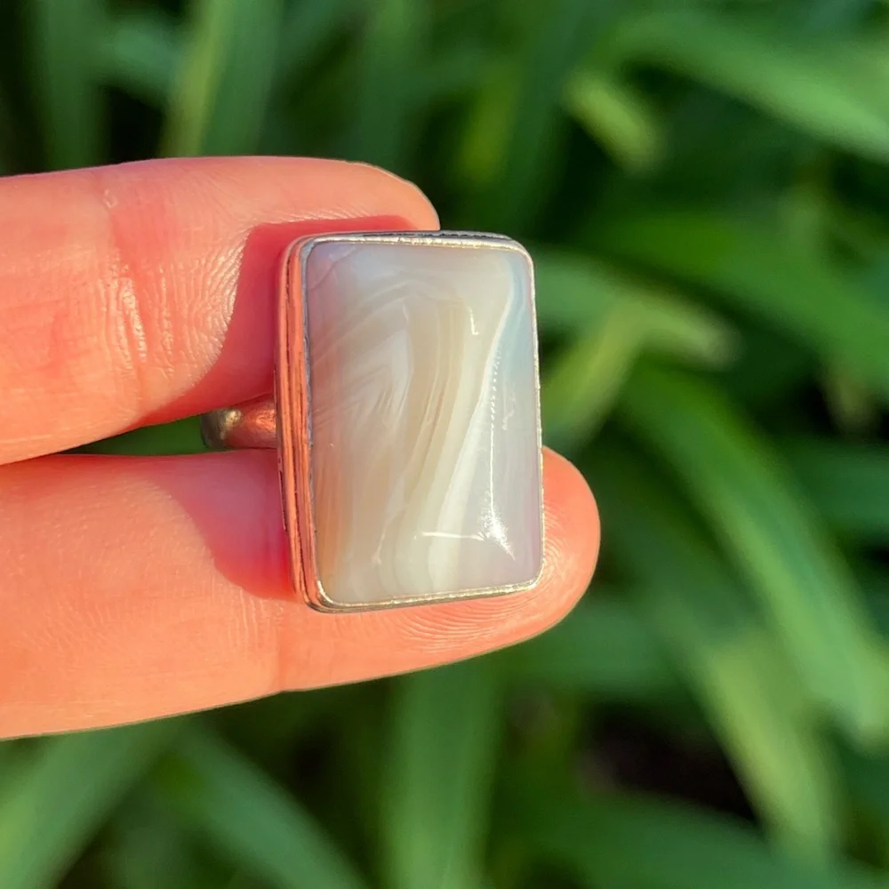 Size‎ 7.25 925 silver plated milky banded agate rectangular ring